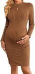 Ekouaer Maternity Dress Rib Knit Mock Turtleneck Long Sleeve Stretchy Bodycon Pregnancy Dresses Brown L