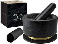 Mortar and Pestle Set 100% Natural Heavy Granite 5.5 inch 2 Cups Capacity - Solid Stone Grinder Pestle and Mortar Bowl - with Silicone Garlic Peeler and Mat - Guacamole Mortar & Pestles Set Large