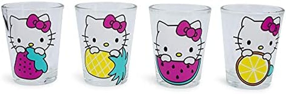 Silver Buffalo Sanrio Hello Kitty Fruit Strawberry, Pineapple, Watermelon, and Lemon 4 Pack Mini Glass Set, 1.5 Ounces