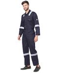 FRENCH TERRAIN Men's 100% Cotton Fire Retardant Casual Style Industrial Work Wear Coverall Boiler Suit With Reflective Tape 245 Gsm (2Xl_Navy Blue)