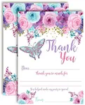 Floral Watercolor Butterfly Birthday Thank You Notes, Ten 4" x 5.5" Fill In The Blank Cards with 10 White Envelopes by AmandaCreation