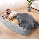 SEEZSSA Human Dog Bed, Giant Dog Bed for Humans, 71''x47''x14'' Large Bean Bag Bed for People Adults, Faux Fur Fluffy Dog Bed with Removable Washable Cover, Pillow, Blanket & Storage Strap, Grey