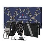 Relish Gift Combo Box of Men's Black Analog Leather Strap Watch, Texture Wallet, Leather Belt and Metal Hook Keychain