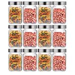 CROCO JAR Croco Silver Stainless Steel Transparent Clear Lid Square Cube Glass Jars And Container For Kitchen Spice Dried Herbs Jars Set (800 Ml, Pack Of 12)