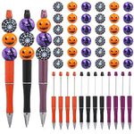 NEWEST 12 Pieces Halloween Beadable Pens Plastic Bead Pens with 36 Wood Beads DIY Pumpkin Witch Spider Web Beaded Pens Black Ink Beadable Ballpoint Pen for Halloween School Office Supplies