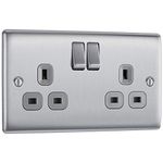 BG Electrical Double Switched Power Plug Wall Socket, Nexus Metal, Brushed Steel, Grey Inserts, 13A, NBS22G