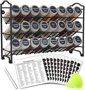 SWOMMOLY Spice Rack Organizer with 24 Empty Round Spice Jars, 396 Spice Labels with Chalk Marker and Funnel Complete Set, Spice Rack for Cabinet, Countertop or Wall Mount, Black