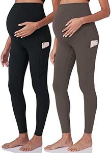 POSHDIVAH 2Pcs Women's Maternity Workout Leggings Over The Belly Pregnancy Yoga Pants with Pockets Soft Active Wear Work Pants Black Brown Large