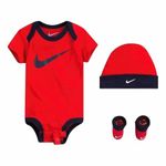 NIKE Children's Apparel Baby Hat, Bodysuit and Booties 3-Piece Gift Box Set, Red Swoosh, 0/6M