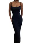 Women Spaghetti Strap Sleeveless Long Dress Solid Color Bodycon Fish Tail Dress Party Evening Maxi Dress (Black, XS)