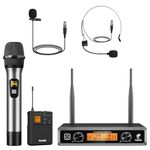 TONOR Wireless Microphones System with Metal UHF Headset/Lapel/Lavalier/HandheldMics, Cordless Bodypack Transmitter, Receiver for Karaoke Church Singing Party PA DJ Speaker, 2*15 Channels 200ft Range