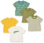 Amazon Essentials Baby Boys' Short-Sleeve Tee, Pack of 5, Beige Crocodile/Green Tiger/Olive/Yellow/Stripe, 24 Months