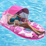 COOLCOOLDEE Pool Lounge Float with Canopy UPF50+,Extra Large Pool Floats for Adults Heavy Duty,Inflatable Lounger Float with Cup Holder & Backrest,Footrest(Pink)