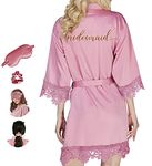 Y WJing Yi Jia Women Silk Robes Bridesmaid Robe Ladies Lace Satin Robe Bride Robes Wedding Party with eye mask scrunchie 3 In 1 Set Monograms Print Bridal Sleepwear