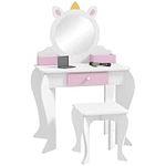 Qaba Kids Vanity Set with Mirror and Stool, Makeup Vanity Table for Children 3-6 Years Old, with Drawer Storage Boxes