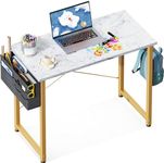 ODK Laptop Desk Study Desk, 32 Inch Small Desk, Writing Desk with Storage, Work Table with Headphone Hook for Small Space Home Office, White Marble + Gold Leg