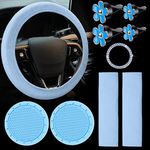 Frienda 10 Pcs Leather Steering Wheel Cover for Women Car Accessories Set with Seat Belt Shoulder Pads Seatbelt Covers Cup Holders Start Button Ring Sticker Air Vent Clip Car Accessories(Blue)