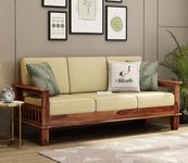 PS DECOR Sofa Set 3 Seater Furniture, Wood 3 Seater Sofa Set, Teak Wood Furniture Sofa Set 3 Seater for Home Living Room with Cushions Wooden Sofa Set (Honey Finish) - Yellow