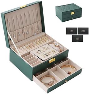 TAVADA Caja Joyero,Joyeros Mujer Organizador,2 Niveles Organizador de Joyería con Cerradura para Mujeres Niñas,para Guardar Joyas Pendientes Anillos y Collares(Verde oscuro)