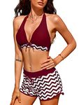 heekpek Womens Swimsuit Two Pieces High Waist Bikini Sets with Shorts Bikini Sets Padded Swimwear Push Up Swimming Suits Plus Size Swimming Shorts Bikinis Halter Deep V-Neck Wine Red