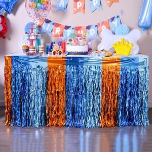 LOLStar Blue Dog Birthday Party Supplies 2Pack Orange Blue and Light Blue Wavy Metallic Tinsel Foil Fringe Table Skirt for Rectangle and Round Table,Perfect Decor for Blue Dog Themed Party Decorations