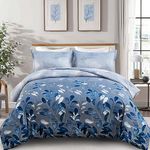 DJY Blue Comforter Set Queen, Navy Botanical Leaves Comforter for Queen Bed 3 Pieces Reversible Floral Bed Comforter Sets Soft Microfiber Bedding Set for All Season (90"x90")