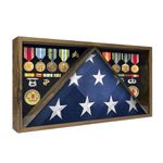DecoWoodo Memorial Flag Display Case for 5' x 9.5' American Veteran Burial Flag with HD Tempered Glass, Military Shadow Box with Velvet Felt Lining for Medals, Rustic, ZSJ0084
