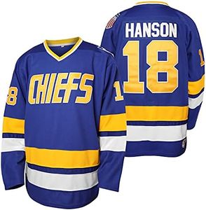 Men Hanson Brother 16 Jack 17 Steve 18 Jeff Charlestown Chiefs Stitched Movie Hockey Jerseys (18 Blue, XX-Large)