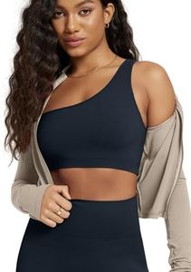 ODODOS Seamless One Shoulder Sports Bra for Women Ribbed Asymmetrical Non Padded Yoga Crop Tank Tops, Deep Blue, X-Large