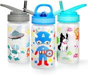 Home Tune 15oz Kids Water Drinking Bottle - BPA Free, Wide Mouth, Flip Sip Top, Easy Open, Lightweight, Leak-Proof Water Bottle with Cute Design for Girls & Boys - 3 Pack Animal & Hero & Space