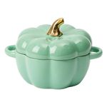 Dutch Oven Pot with Lid, 15 Oz Cute Pumpkin Bowl Mini Baking Dish, Ceramic Dessert Saucepan with Double Handle, Covered Stockpot Pottery Casserole, Halloween Thanksgiving Decor (Green)