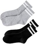 OYOANGLE Women's 2 Pairs Striped Trim Casual Crew Socks Simple Mid Calf Socks Light Grey&Black One-Size