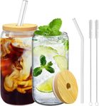 KITOME Coffee Tumbler with Lid Coffee Glass Tumbler with Straw and Lid Can Shaped Glass with Bamboo Lids and Straw Class Cup for Iced Tea Mojito Cocktail Smoothies (Set of 2-500Ml).