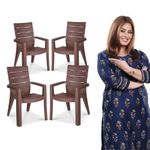 MAHARAJA Crown 4 Chair for Home & Office | Comfortable Arm Rest Chair | Bearing Capacity Upto 200Kg Plastic Outdoor Chair (Brown, Set of 4, Pre-Assembled)