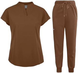 niaahinn Scrubs Set for Women Nurse Uniform Jogger Suit Stretch Top & Pants with Multi Pocket for Nurse Esthetician Workwear (Brown, Small)
