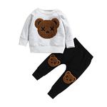 Carolilly 2PCs Newborn Toddler Baby Boy Clothes Set Long Sleeve Sweatshirt Hooded T-Shirt Bear Pullover Top Elastic Waist Long Pants Trousers with Pocket Tracksuits (Gray,12-18 Months)