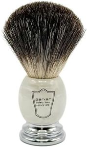 Parker 100% Black Badger Bristle Shaving Brush with Ivory Marbled Handle - Brush Stand Included