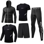 BUYJYA 5Pcs Men's Compression Pants Shirt Top Long Sleeve Jacket Athletic Sets Gym Clothing Mens Workout