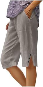 Bidobibo Cotton Linen Shorts for Women Casual Bermuda Knee Length Shorts Trendy High Waisted Hiking Capri Pants with Pockets