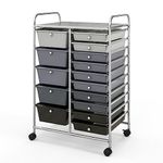 COSTWAY 15 Drawers Storage Trolley, Home Office Stationary Rolling Cart with 4 Wheels, Multipurpose Mobile Organiser Shelving Unit for Makeup Beauty Salon (Gradient Black with Silver Frame)