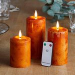 Lights4fun Set of 3 Mottled Orange TruGlow® Battery LED Flameless Pillar Candles Real Wax with Remote Control