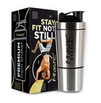 FITASTIC Stainless Steel Shaker Bottle with Extra Storage with Spring Ball (Silver,500 ml, Pack of 1)