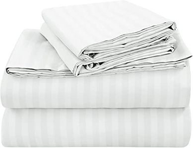 Juego de sábanas de 7 piezas, 100% algodón egipcio extrasuave y 450 hilos, sábana bajera ajustable de 45 cm de profundidad, juego de ropa de cama de mejor comodidad, rayas blancas, tamaño emperador.