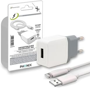 PHONIX Caricatore per Iphone 12 11 Pro Max Mini X 8 7 SE 6 5 + Cavo USB Lightning da 1 mt. | GARANZIA ITALIANA Alimentatore per Apple con Cavetto di Ricarica per iPhone, iPad, AirPods