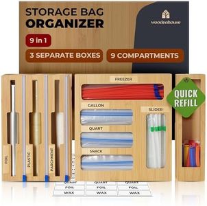 Bamboo Storage Bag Organizer, 9 in 1 Sandwich Bag Organizer - Foil and Plastic Wrap Bamboo Organizer with Labels Included by Woodenhouse