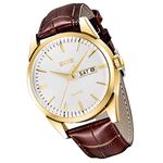 SKMEI Watch for Men Business Dress Classic Fashion Casual Black Leather Quartz Analog Waterproof Calendar Date Light Simple Wrist Watches Dad Fathers Gifts, Brown strap*Gold case*White Dial, classic