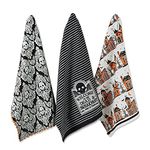 DII Happy Halloween Dishtowel Collection Embellished Cotton Kitchen Hand Towel Set, 18x28, Skull Damask/Haunted House, 3 Count