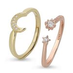 Meissa Sterling Silver Moon and Star Ring Set Handmade Stackable Rings Rose Gold Plated Ring Gift for Women Size Adjustable 5-8 (Rose Star Gold Moon)