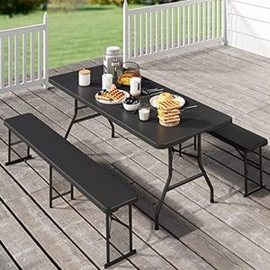 YITAHOME 6ft Portable Picnic Table Bench Set, Heavy Duty Camping Picnic Table Set, Fold up Picnic Table for Outdoor Camping Picnic Parties/Indoor Events, Black