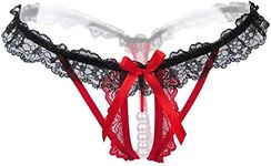 JING GUANG Women‘s Sexy Panties,Lace Thongs G-String with Pearls Ball Red